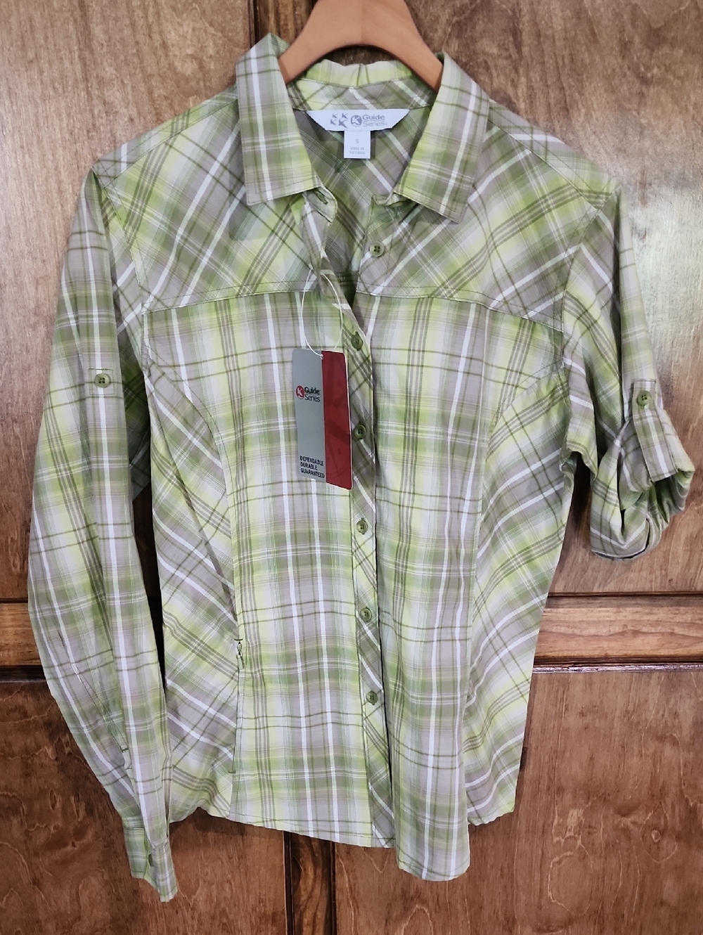 Guide Series- Green and Cream Plaid Roll-Sleeve Button Shirt